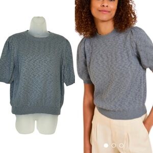 GARNET HILL Size L Macie Gray Organic Cotton Knit Puff Sleeves Sweater Tee‎ Top